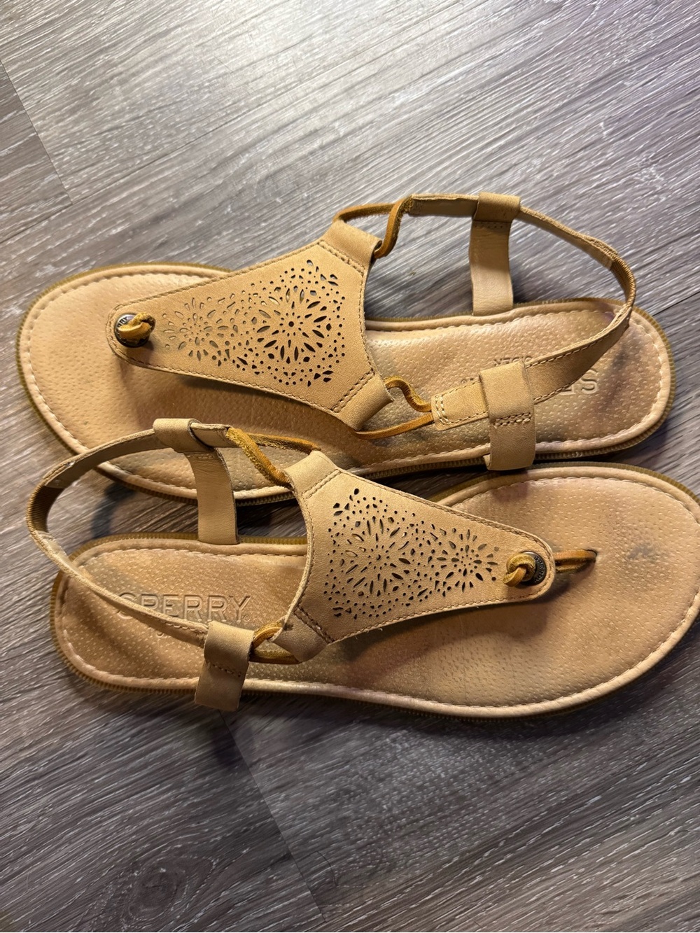Sperry Calla Jade Tan Leather Sandals Womens Size 7M Laser Cut Slingback Thong